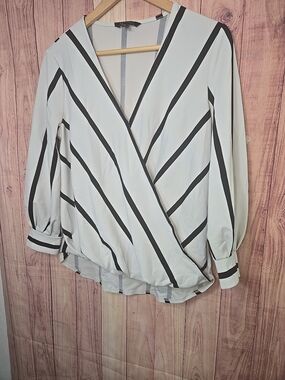 Banana Republic White Blouse with Black Diagonal Stripes